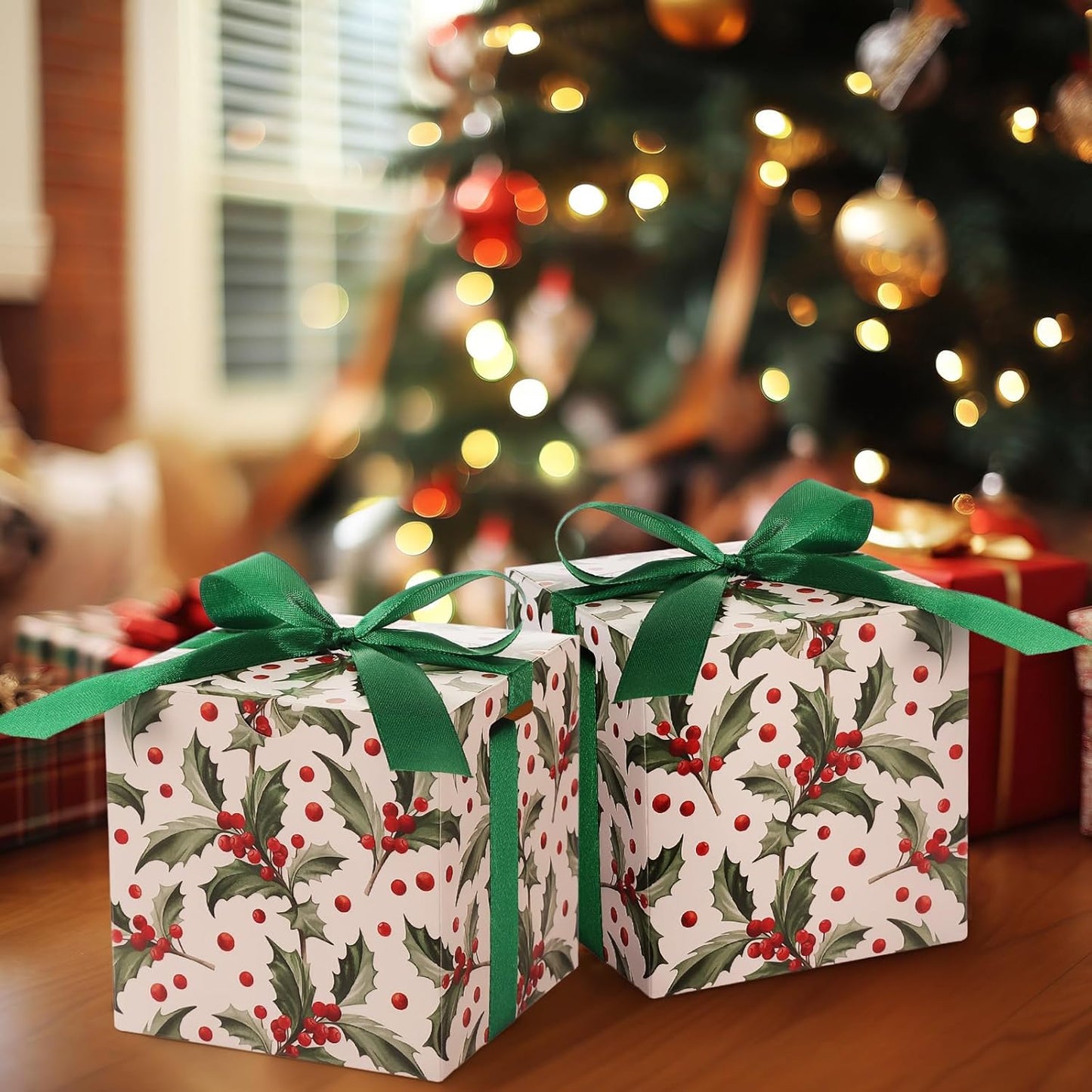 Dispowreath 48 Pcs 4x4x4 Christmas Gift Boxes with Ribbon Xmas Small Box with Lids Treat Boxes for Gift Wrapping Ornaments Wedding Holiday Birthday Party Favor(Berry Branch)