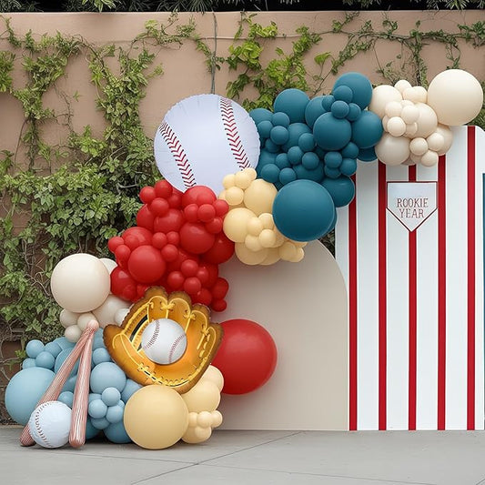 Baseball Balloon Arch Kit, Red Dusty Slate Blue Ivory Nude Balloon Garland for Baseball Birthday Party Decorations Boys Summer Baby Shower Rookie of The Year First Birthday Sport Themed Decorations