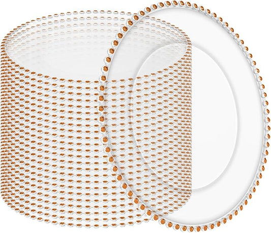 24 Pack Clear Charger Plates Bulk Wedding, 13 Inch Plastic Round Dinner Chargers with Orange Beaded Rim, Acrylic Round Decorative Plates for Wedding Party Home and Tabletop Decor (Orange)