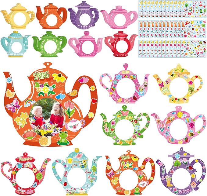 Jetec 48 Sets Spring Tea Pot Picture Frames Craft Kit DIY Photo Frames Sticker Craft Make Your Own Paper Picture Frame for Home Activities Party Favors Decorations(Vivid Color)