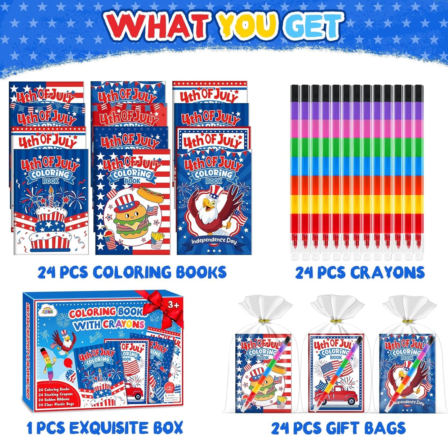 ZMLM 24 Coloring Books for Kids Party Favors: Bulk 24 Crayons Mini Coloring Books for Kids Ages 4-8 Birthday Goodie Bags Stuffers Toddlers Return Gifts Classroom Prizes Teacher Crafts (4th of July)