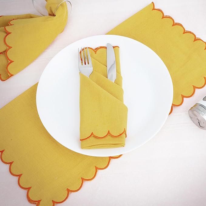 FINGERCRAFT Cloth Napkins, Everyday Use Reversible Scallop Design, Premium Quality Cotton Linen Blend Napkin Set of 6 Perfect for Parties Dinners Weddings Easter Napkin Cloth 20x20 Inch Gold