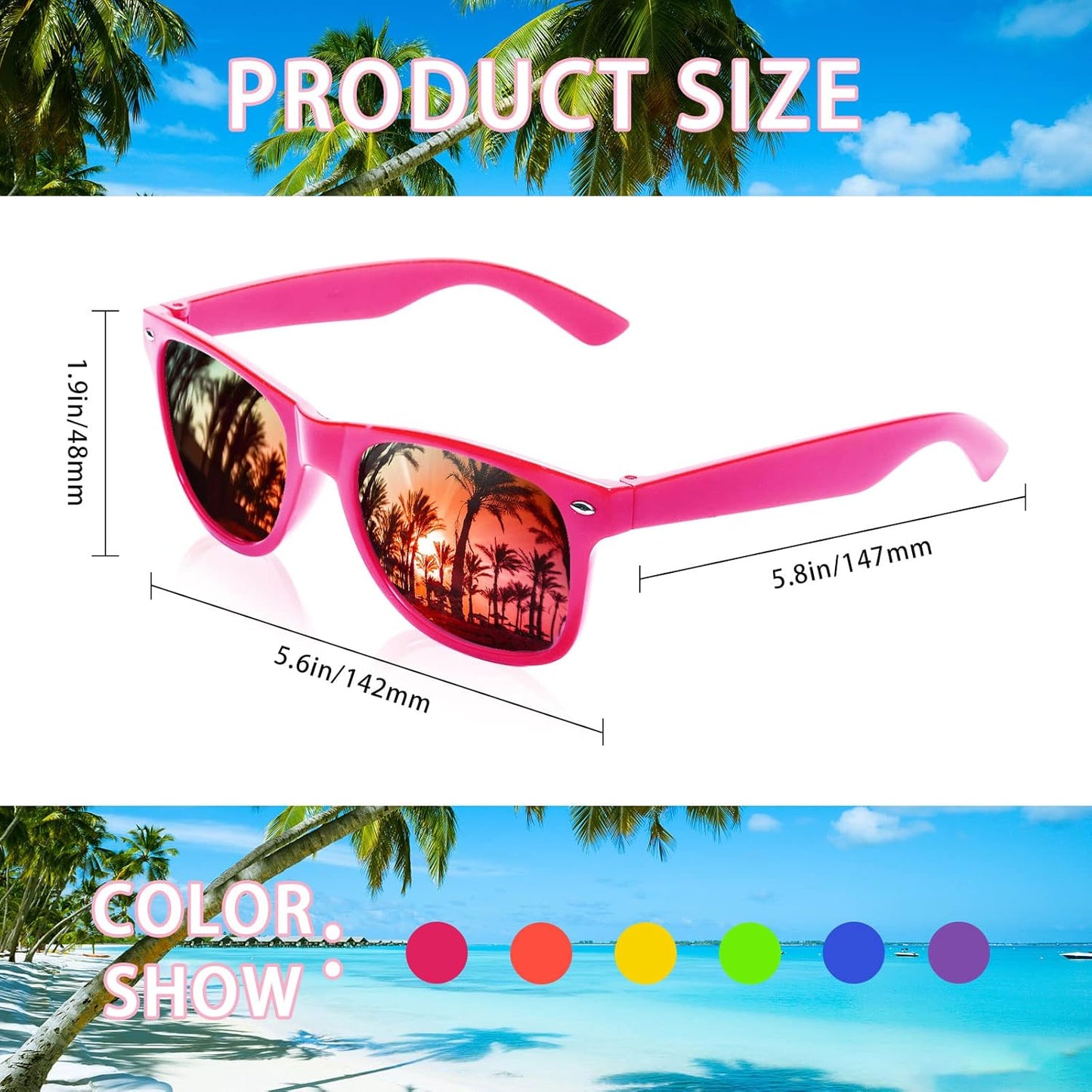 SUNOVELTIES 12/24 Pack Neon Party Sunglasses Mirrored/Jelly Lens Bulk Glasses Horn Rimmed Eyewear for Men Women