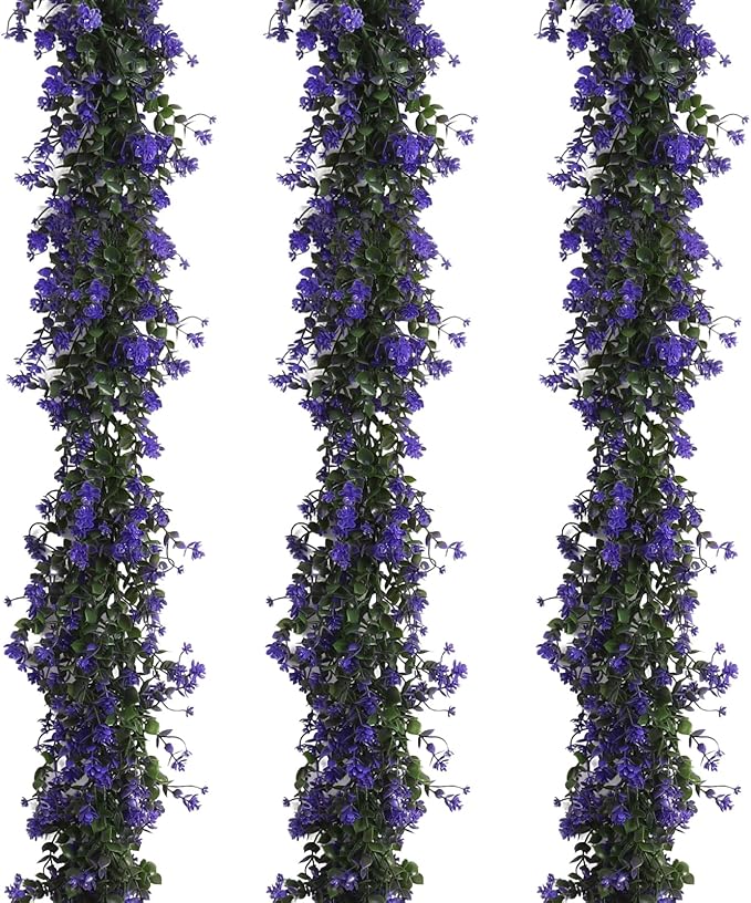 Fake Hanging Eucalyptus Garlands Artificial Vines Plants Eucalyptus Leaves with Flowers Greenery Spring Floral Garland for Home Garden Wedding Wall Arch Party Decoration(Purple)