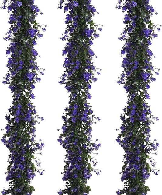 Fake Hanging Eucalyptus Garlands Artificial Vines Plants Eucalyptus Leaves with Flowers Greenery Spring Floral Garland for Home Garden Wedding Wall Arch Party Decoration(Purple)