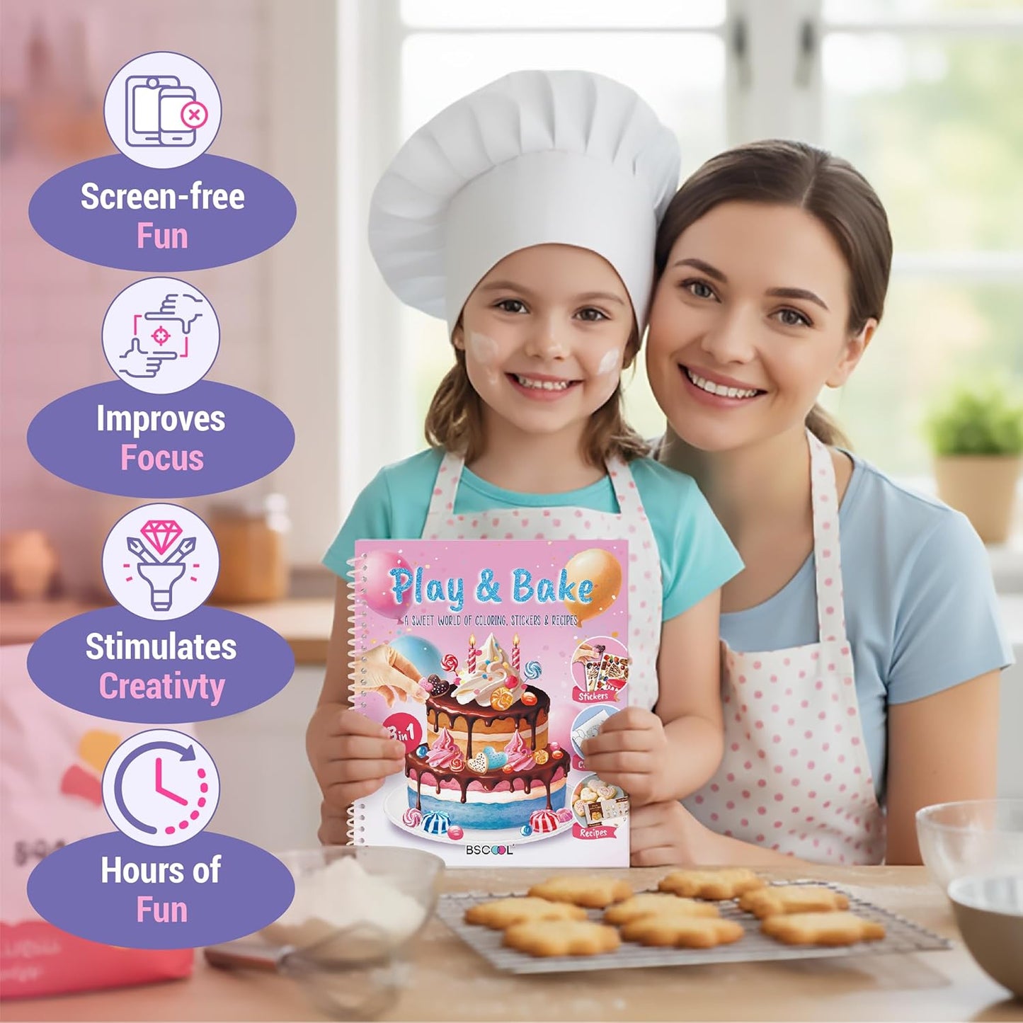 BSCOOL - Drawing, Coloring & Activity Book: Play and Bake with Stickers, Guides and Recipes. Dress Up Your Cake Deisign for Kids 5 and Up.