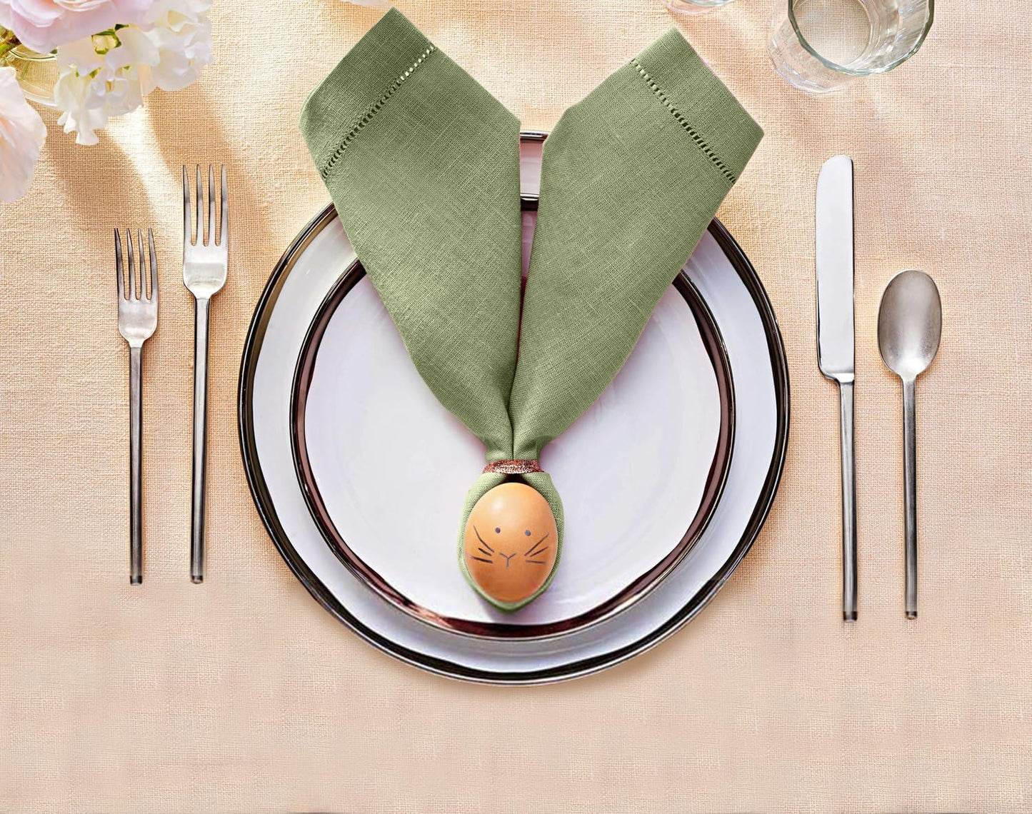 Ruvanti Premium Linen Napkins Set of 4-20x20 Inch, Classic Hemstitch, Mitered Corner Cloth Napkins ‎‎- Soft, Elegant Dinner Napkins Cloth Washable for Weddings, Parties, Everyday Use - Olive