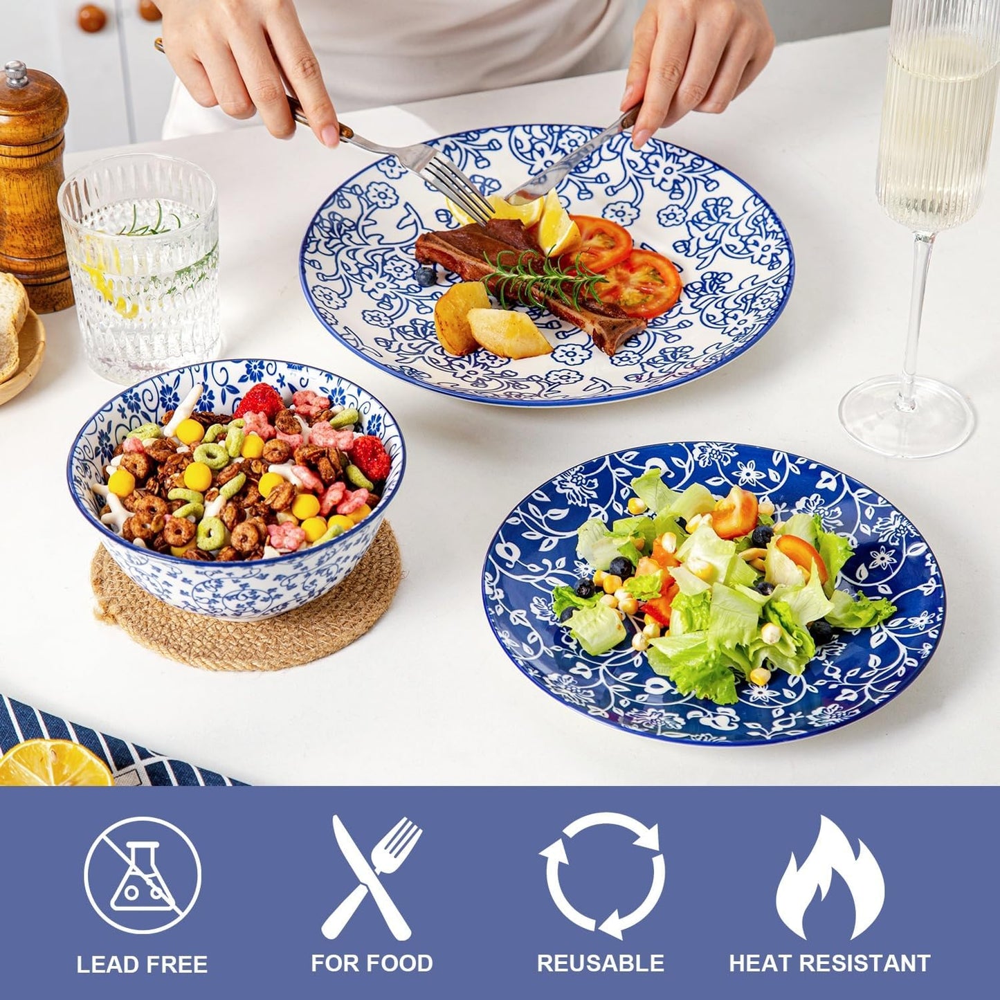 Ceramic Dinner Plates Set - 10.5 Inch Large Kitchen Porcelain Salad Serving Plate for Pasta Steak Pizza Pancakes - Scratch Resistant Dishwasher Oven Microwave Safe - Set of 6 - Vintage Blue