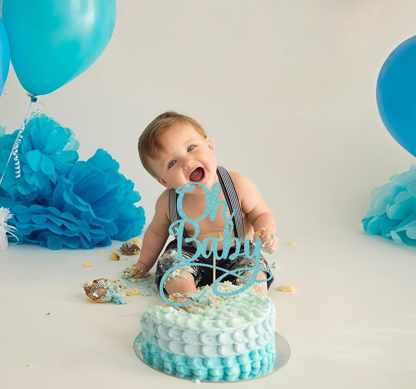 Oh Baby Cake Topper - Sky Blue Baby Birthday Party Cake Decoration Supplies, for Baby Shower/Gender Reveal Party Photo Booth Props