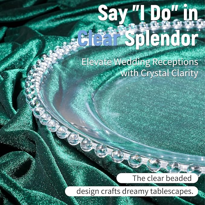 24 Pack Clear Charger Plates Bulk Wedding, 13 Inch Plastic Round Dinner Chargers with Clear Beaded Rim, Acrylic Round Decorative Plates for Wedding Party Home and Tabletop Decor