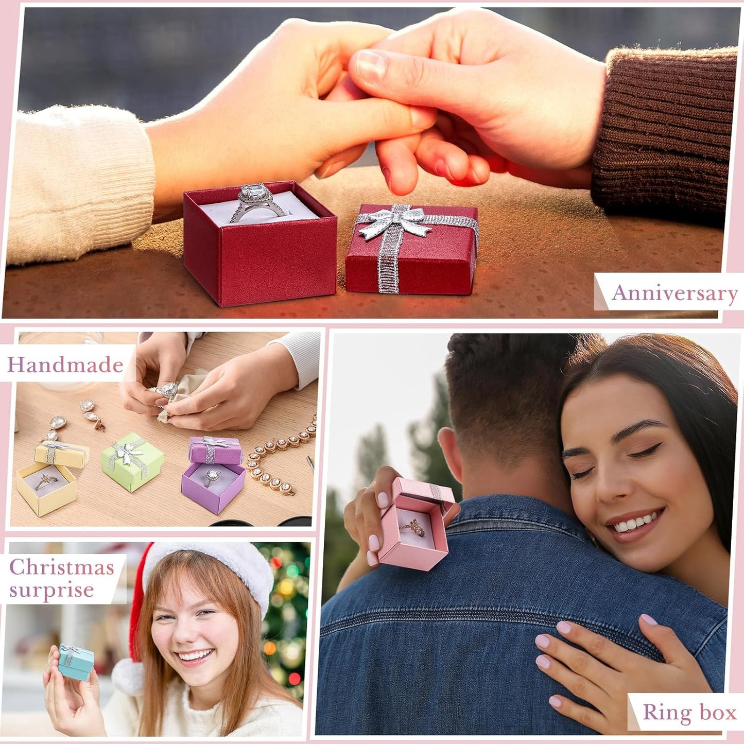 72 Pcs Ring Boxes 1.6 x 1.6 In Hard Cardboard Jewelry Box with Ribbon Bow Small Jewelry Gift Cases for Small Business(Delicate Color)