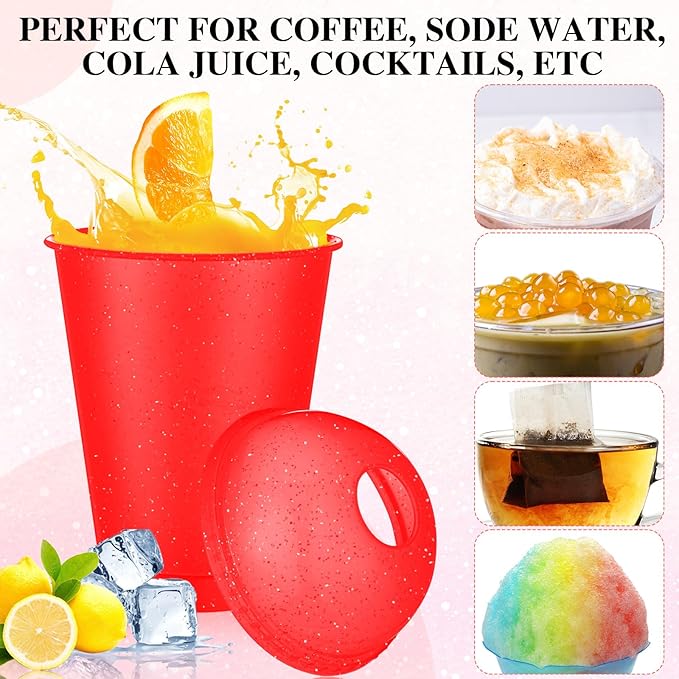 6 Set Slushie Cups with Dome Lids and Straws Detachable Spoon Straws Reusable Plastic Iced Coffee Cups Smoothie Tumbler for Birthdays Summer Party Supplies(Red,16 oz)