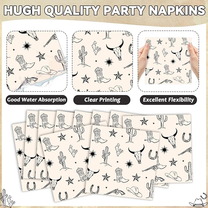 96PCS Western Cowboy Party Paper Plates and Napkins Set for Rodeo Party Cake Dessert Plates Disposable Decor Supplies Wild West Bachelorette Tableware for Kids Birthday Gatherings Decorations