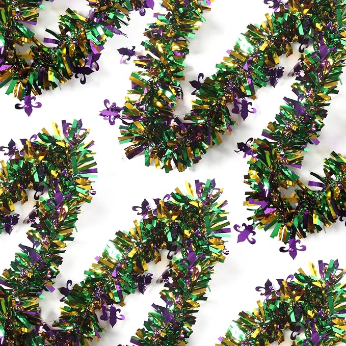 50 Feet Mardi Gras Tinsel Garland Gold Green Purple Mardi Gras Christmas Tree Tinsel Garland Metallic Twisted Hanging for Oktoberfest Birthday Party Decoration, A