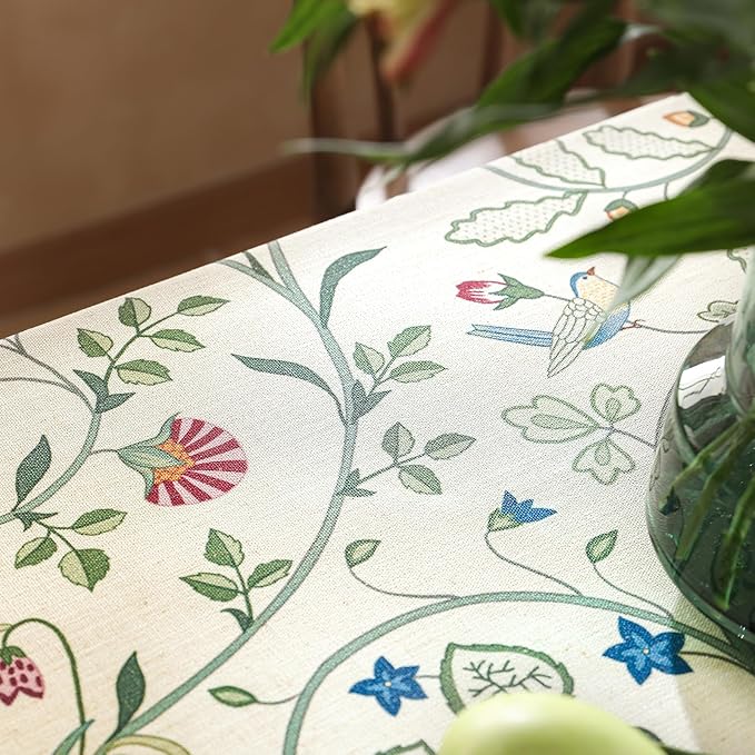 Linen Table Cloth Rectangle,Wrinkle Resistant French White and Green Tablecloth Print with Froal,Decor Stitch Table Cloth for Thanksgiving,Dining Room,Home,55" × 79"-Idaho A