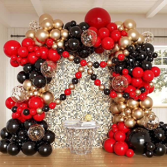Red Black and Gold Balloons Arch Kit, 162pcs Different Sizes with Black Red Chrome Gold Confetti Balloons for Graduation Prom Movie Night Vegas Casino Hollywood Theme Party Decorations