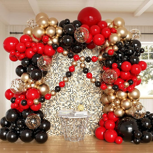 Red Black and Gold Balloons Arch Kit, 162pcs Different Sizes with Black Red Chrome Gold Confetti Balloons for Graduation Prom Movie Night Vegas Casino Hollywood Theme Party Decorations