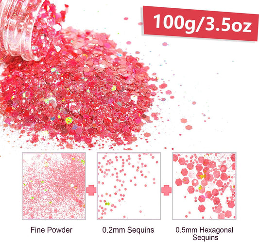 HEMOER Pink Glitter, 100g/3.5oz Holographic Chunky Glitter Mixed Hexagon Chunky & Fine Flakes Iridescent Sequins for Epoxy Crafts, Resin, Nail Body, Tumblers, Party Decoration