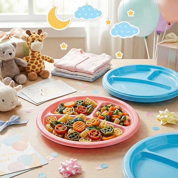 50 Pcs 10 Inch Plastic 3 Compartment Divided Plates Heavy Disposable Round Dinner Plates with Dividers for Wedding Birthday Party Dinnerware (Pink, Blue)