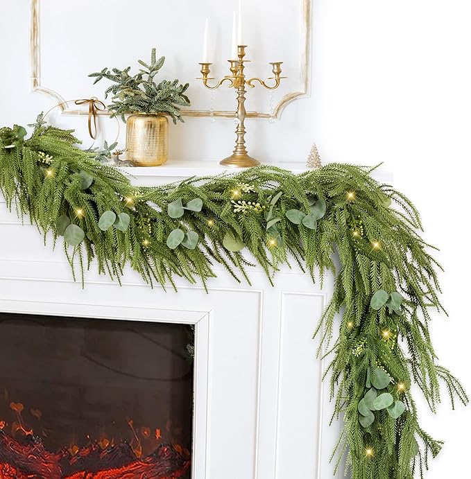 Sggvecsy 6Ft Christmas Fork Norfolk Pine Garland Artificial Christmas Garland Real Touch Pine Greenery with Eucalyptus for Table Wall Mantle Indoor Fireplace Home Holiday Decoration (2 Pack)