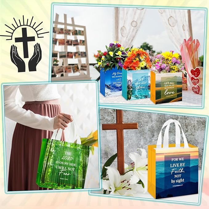 HunnmingRe 64 Pcs Christian Gift Bags Bulk, Easter Reusable Scene Religious Bible Verse Tote with Handles Non Woven Scripture Pastor Blessing Gift for Baptism Church Wedding Favors