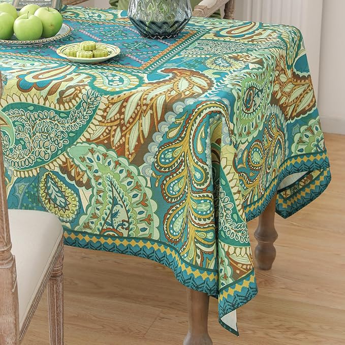 Linen Square Green Tablecloth,Wrinkle Resistant French Vintage Tablecloth Print with Foral,Decor Table Cloth for Thanksgiving,Dining Room,Home,Kitchen 55" × 55"-Milen