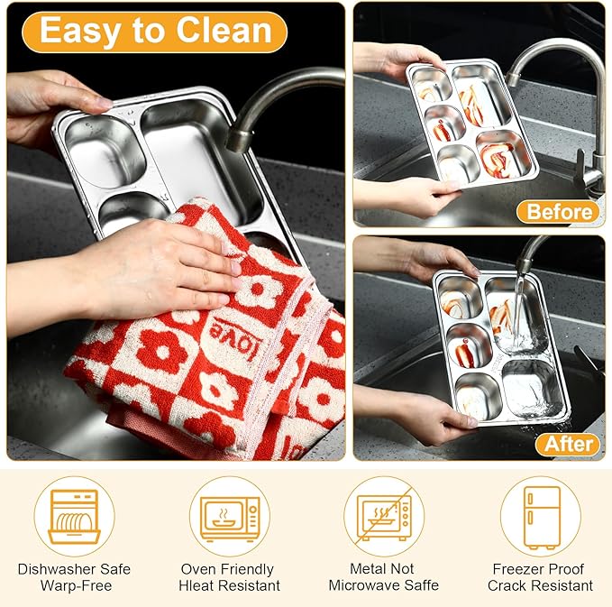 Honeydak 6 Pack Stainless Steel Snack Containers with Lids Compartments Stainless Steel Lunch Box Reusable Meal Prep Lunch Containers for Home Travel Work Camp Party (Middle 5 Compartment)