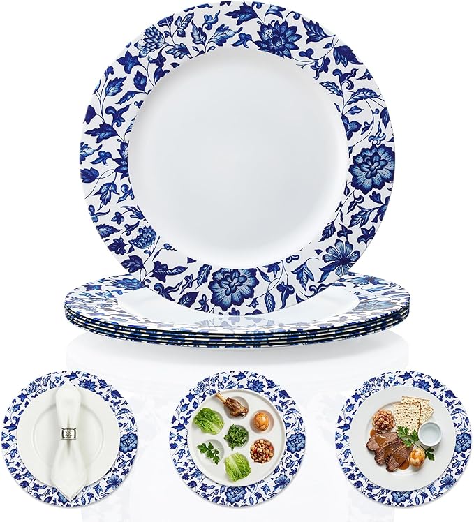 Yungyan 6 Pcs Passover Blue and White Porcelain Charger Plates 13 Inch Round Passover Blue White Porcelain Plastic Plates Large Charger Plate for Holiday Party Decorations Dinner Tableware Supplies