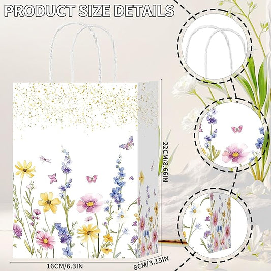 W WINTMING 16 Pcs Wildflower Gift Bags Spring Flower Welcome Bags White Paper Bag with Handle Floral Party Favor Candy Goodie Bag for Baby Shower Wedding Bridal (Wildflower-2, 16)