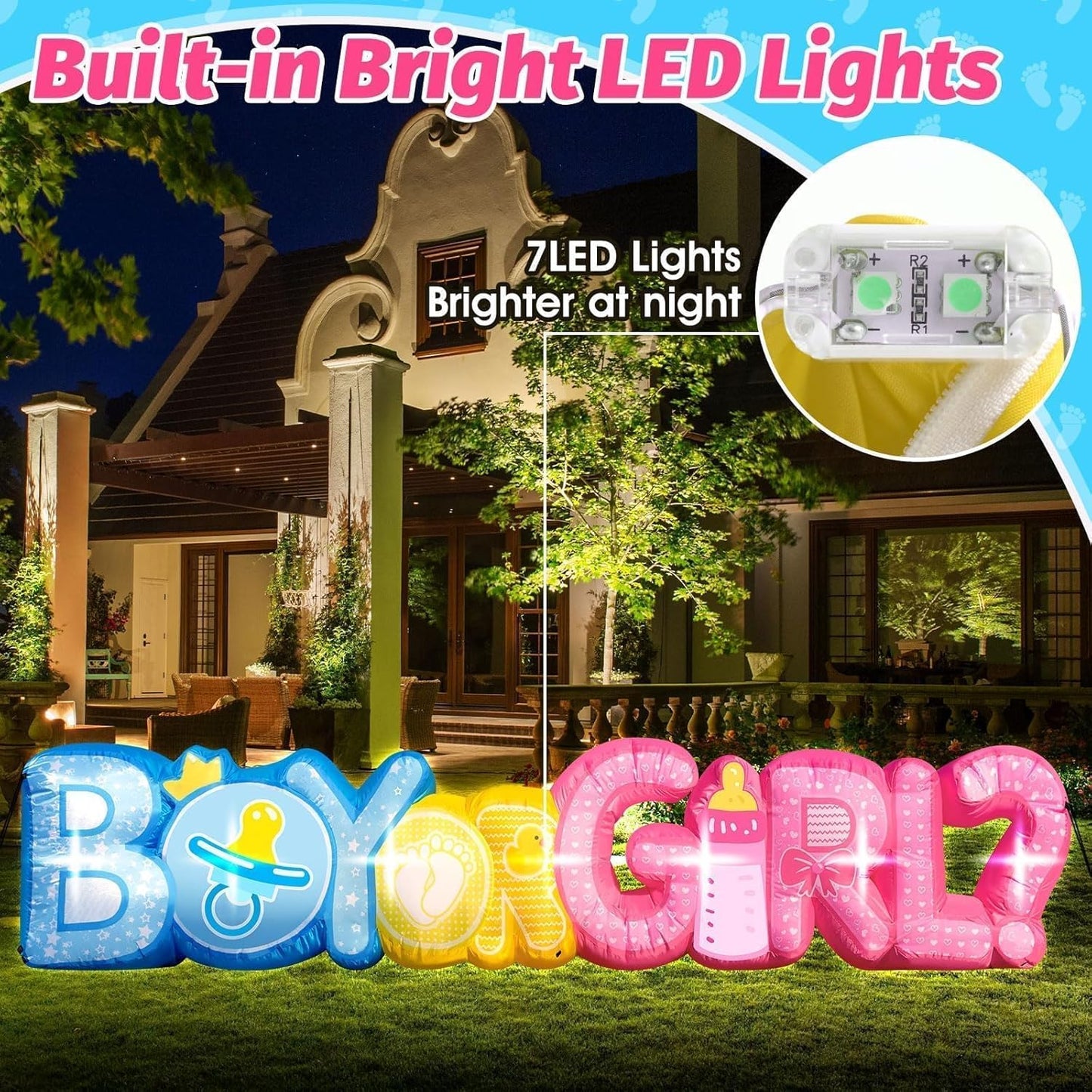 11FT Length Baby Gender Reveal Inflatable Decorations Boy or Girl Yard Signs with 7 LED Lights Pink Baby Shower Centerpieces Birthday Party Supplies