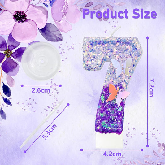 7Th Birthday Candle for Cake，Butterfly Cake Toppers，Butterfly Birthday Decorations，Purple Birthday Candles，for Birthdays,Theme Parties, Celebration, Anniversary