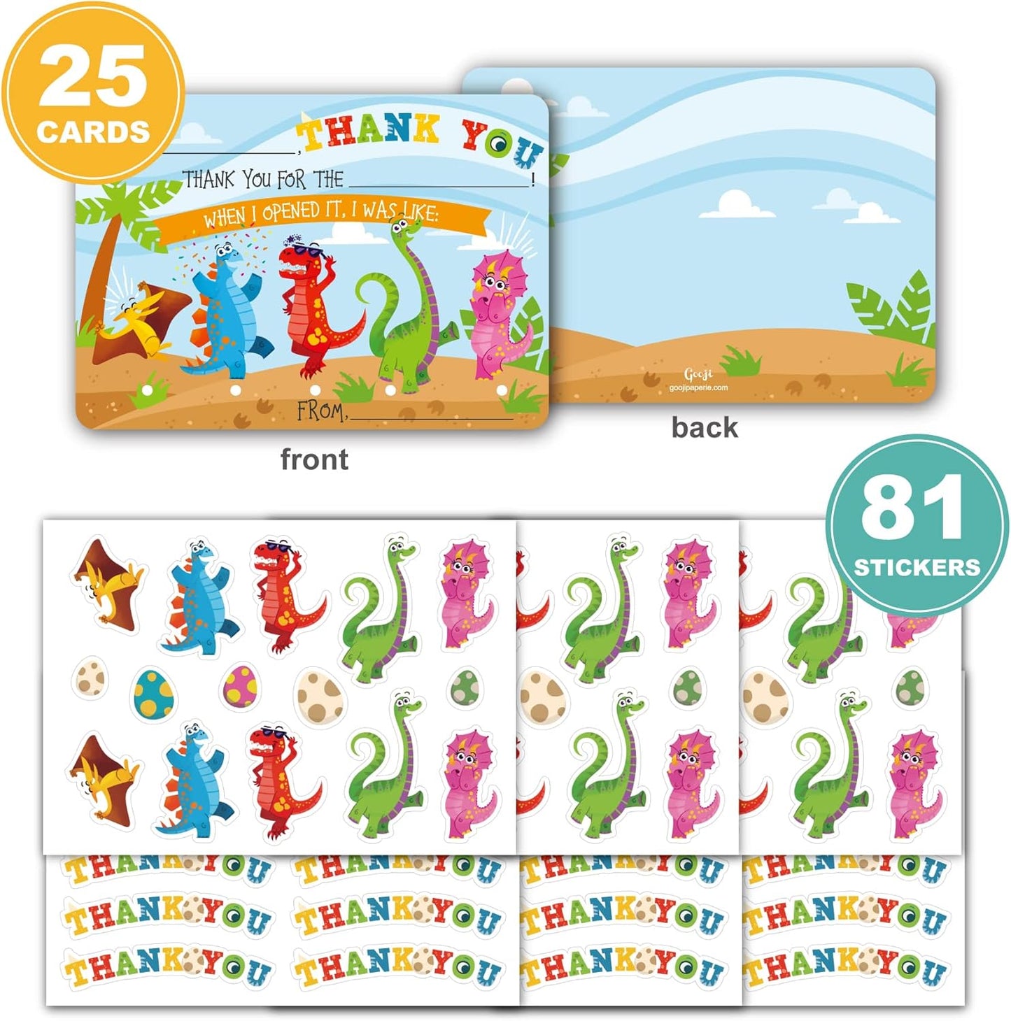 Gooji Customizable Thank You Cards, 4.25x6 inch, 25 Pieces, with Envelopes, for Kids