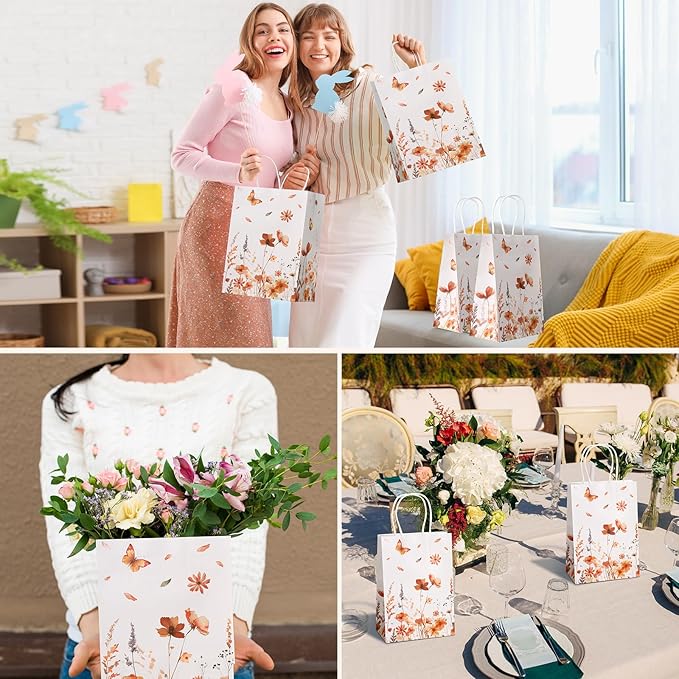 Marspark 24 Pcs Thanksgiving Floral Paper Gift Bags Wildflower Treat Bag with Handles for Wedding Birthday Baby Shower Autumn Floral Candy Goodie Bag for Guests, 8.3'' x 5.9'' x 3.1''(Butterfly)
