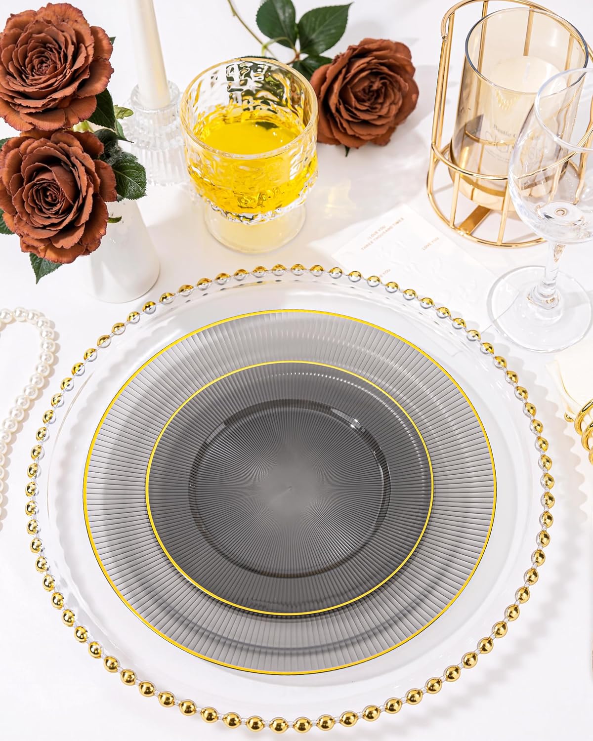 Hioasis 60pcs Black and Gold Plastic Plates - Black Disposable Dinnerware Set, 30pcs Dinner 10.25in & 30pcs Dessert 7.5in Plates with Striped Designs for Party & Halloween