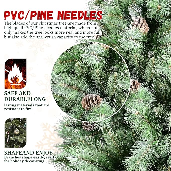 9FT Frosted Christmas Tree with 122 Pine Cone & Pine Needles, Premium Unlit Artificial Christmas Tree with 2518 Branch Tips, Realistic Hinged Xmas Trees with Metal Stand for Holiday Decoration
