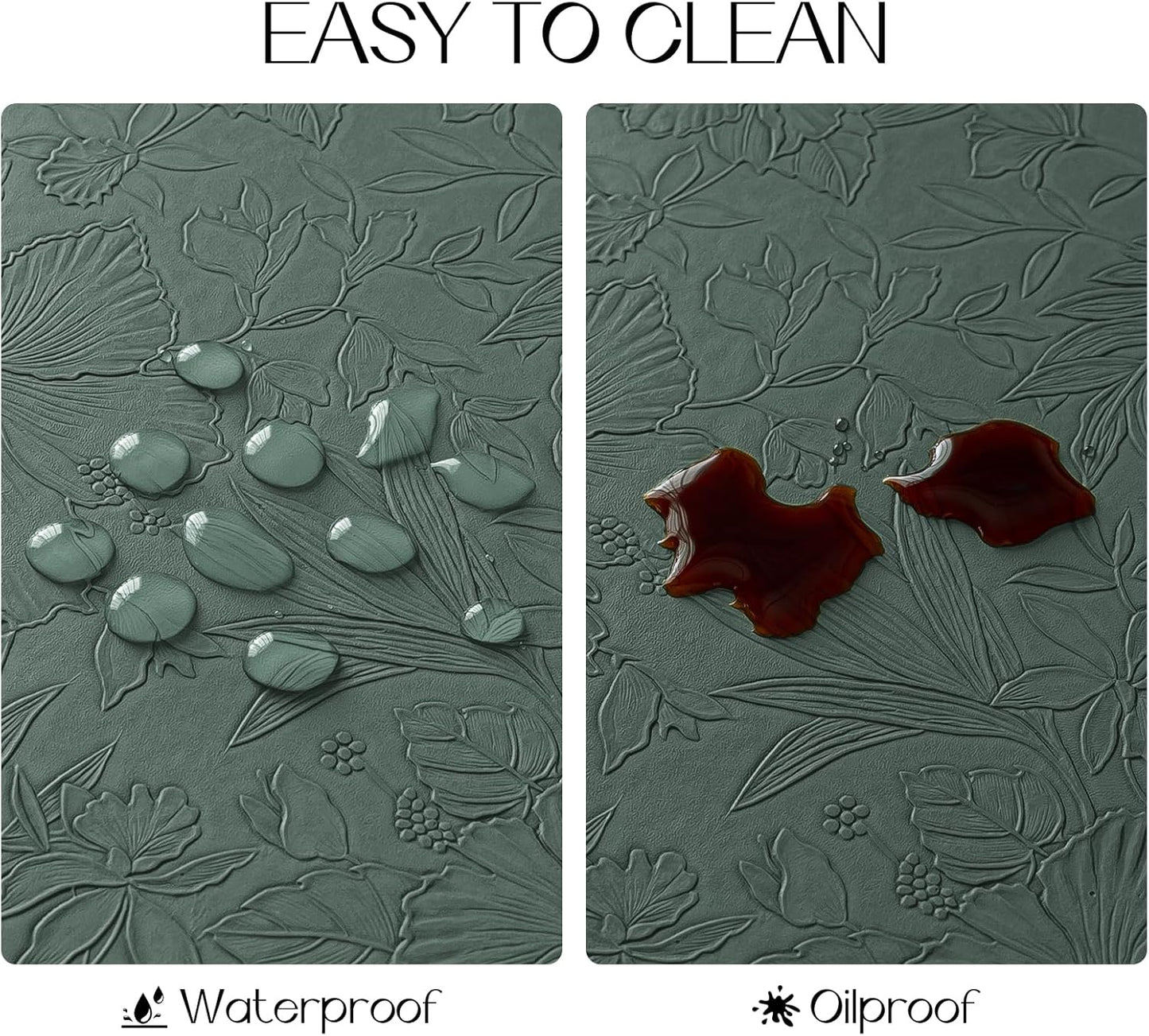 Romanstile Vinyl Placemats Set of 6-12 X 18 Inch - Heat Resistant Non-Slip Embossed Floral Place Mats 100% Waterproof Oilproof Wipeable Faux Leather Table Mats for Kitchen/Dining/Party, Green