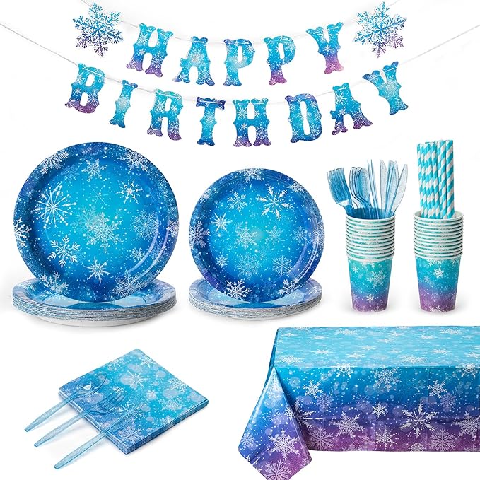 Winter Snowflake Paper Plates and Napkins Set, 194 Pcs Frozen Birthday Decorations Party Supplies, Winter Wonderland Disposable Tableware Includes Tablecloths, Banner, Cups and Cutlery, Serves 24