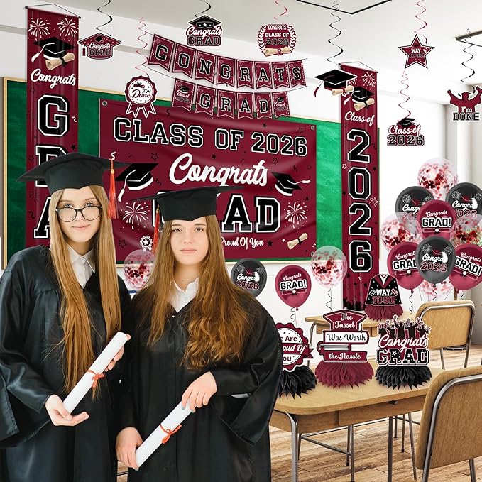 Graduation Decorations Class of 2026 Maroon Graduation Party Decor Set include Congrats Grad Banner Backdrop Class of 2026 Balloons Party Supplies