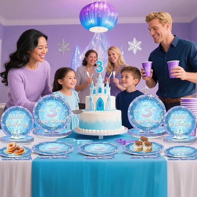 Snowflake Winter Wonderland 3rd Birthday Paper Plates Napkins Forks Disposable Dinnerware Happy 3rd Birthday Blue and Purple Winter Snowflake Tableware for Kids Christmas onderland Party Decorations
