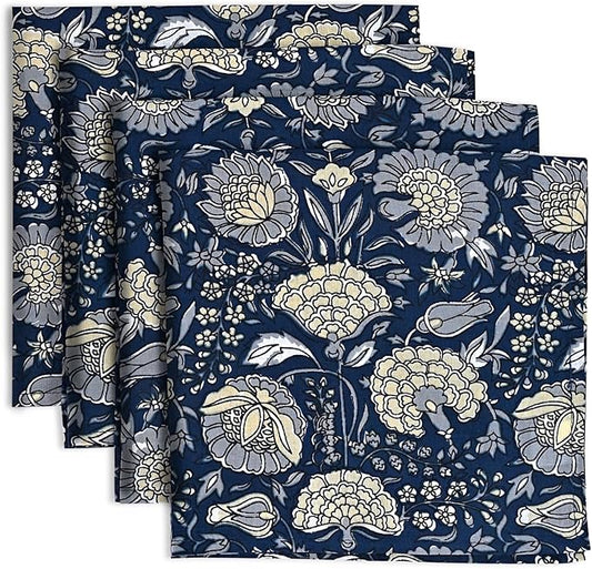 Ridhi Midnight Marigold Garden Hand Block Print 100% Cotton Napkins 18" x 18" (Set of 4) Reuseable Kitchen Napkins Cloth Decor Dinner Party Cocktail Gift for Spring, Easter, Valentine