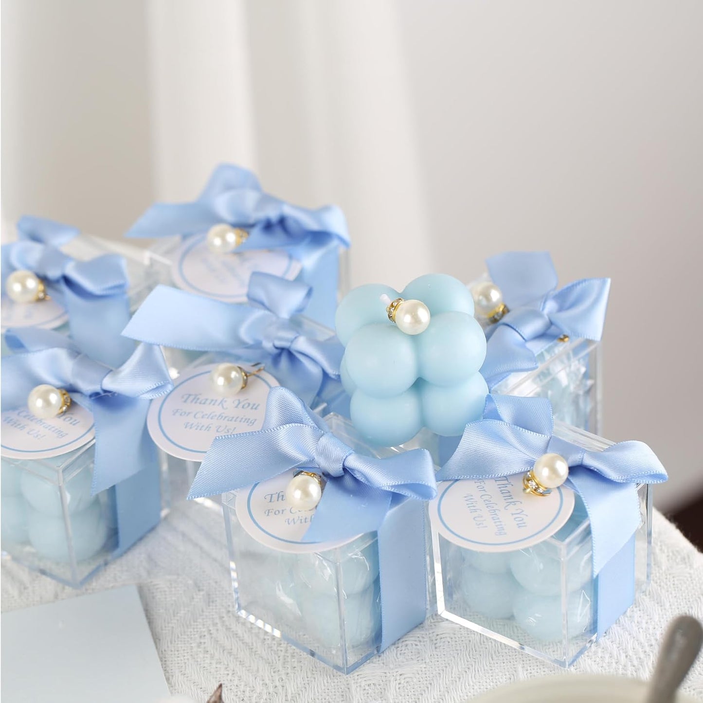 ACITHGL 30 Sets Fully Assembled Small Bubble Candle Party Favors for Guests Bulk Bridal Showers Favors Candles with Stylish Ribbons Thank You Cards Gifts (Blue)