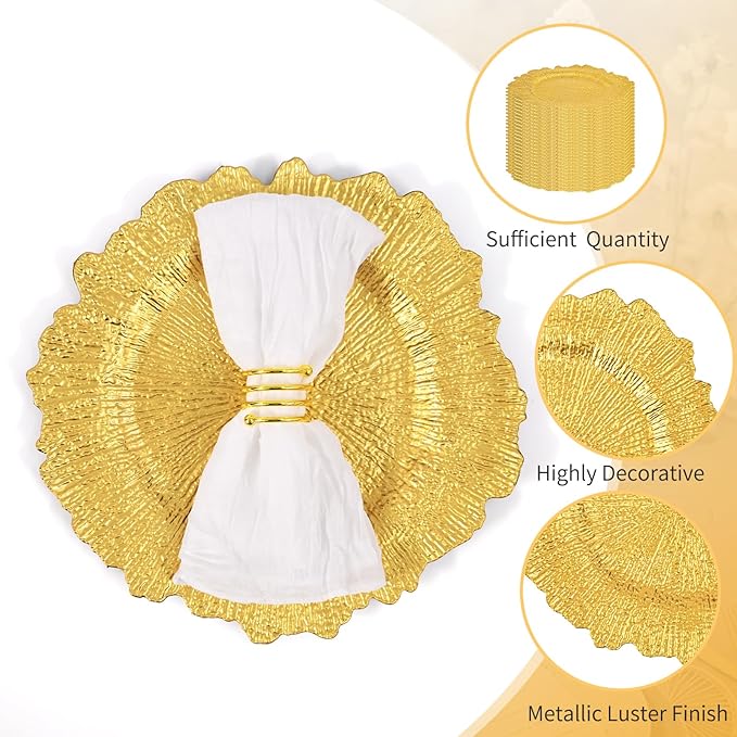 Teruntrue 24 Pcs Gold Charger Plates Bulk 13 Inch Plastic Charger Plates for Dinner Plate, Gold Chargers for Table Setting, Reef Design Plate Floral Decorative Round Chargers for Wedding Party, Event