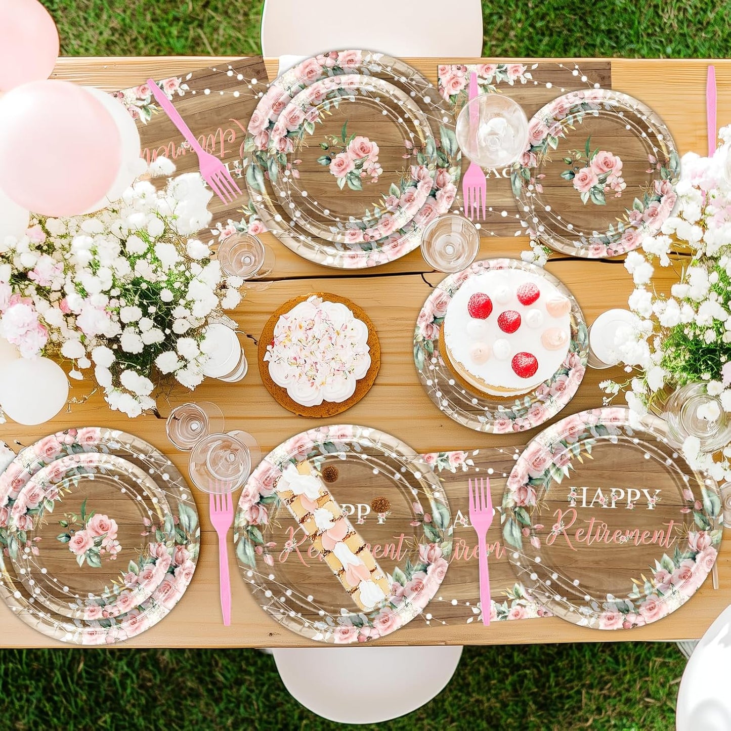 Avezano 96 PCS Retirement Party Decorations Rustic Pink Floral Happy Retirement Plates Tableware Women Farewell Party Supplies, Serves 24