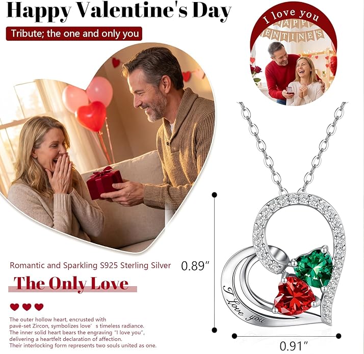 Double Birthstone Heart Necklace 0.8CT Dual-Gemstone S925 Sterling Silver Plated White Gold Engraved I Love You Perfect Anniversary/Valentine's Day Gift for Wife/Girlfriend/Mom/Daughter