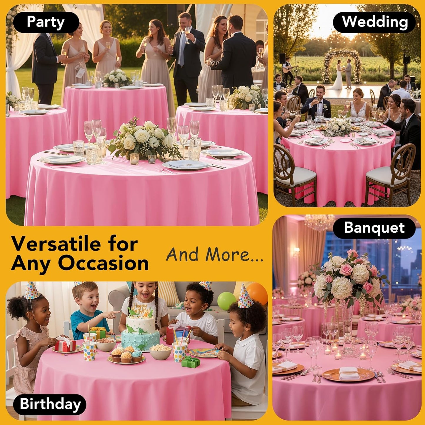 6-Pack Pink Round Tablecloths, 120 Inches, Stain-Resistant Polyester for 5-6 Ft Round Tables - Washable Table Covers for Weddings, Banquets, Birthday Parties, Events