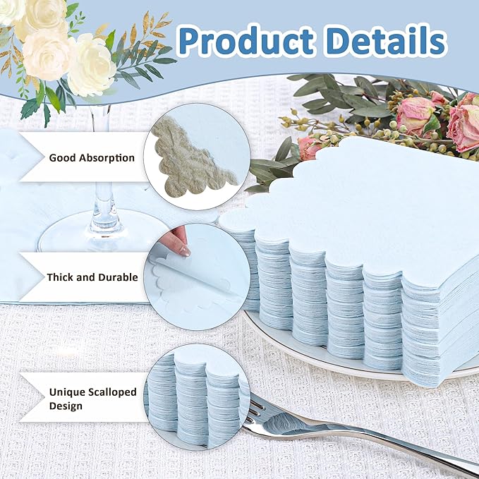 100 Pcs Light Blue Napkins Scalloped Edged Dessert Cocktail Napkins Folded 5 x 5 Inches Disposable Napkins for Dinner Wedding Birthday Party