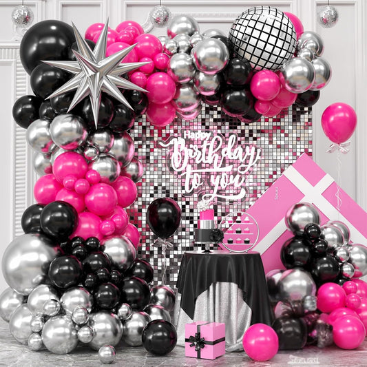 Disco Balloon Arch Kit, Hot Pink Black Balloons Garland Arch Kit, Star Foil and Disco Foil Balloons, Hot Pink Silver Black Balloon For Birthday 8090 Theme Party Wedding Bridal Shower Anniversary
