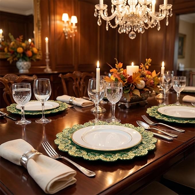 Green Charger Plates with Flower Rim, 13" Round Charger for Dinner Plates, Set of 6 Plastic Plate Chargers for Halloween, Thanksgivng, Christmas.