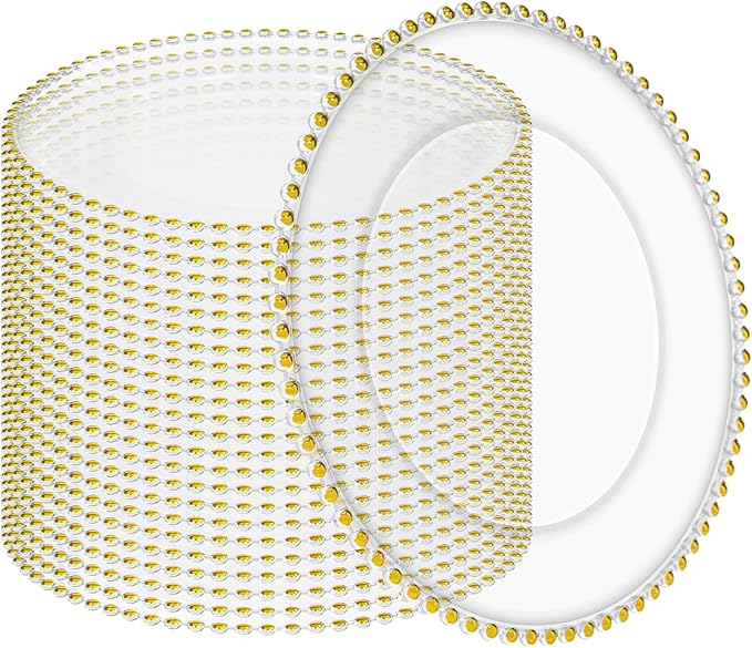 24 Pack Clear Charger Plates Bulk Wedding, 13 Inch Plastic Round Dinner Chargers with Gold Beaded Rim, Acrylic Round Decorative Plates for Wedding Party Home and Tabletop Decor (Gold)