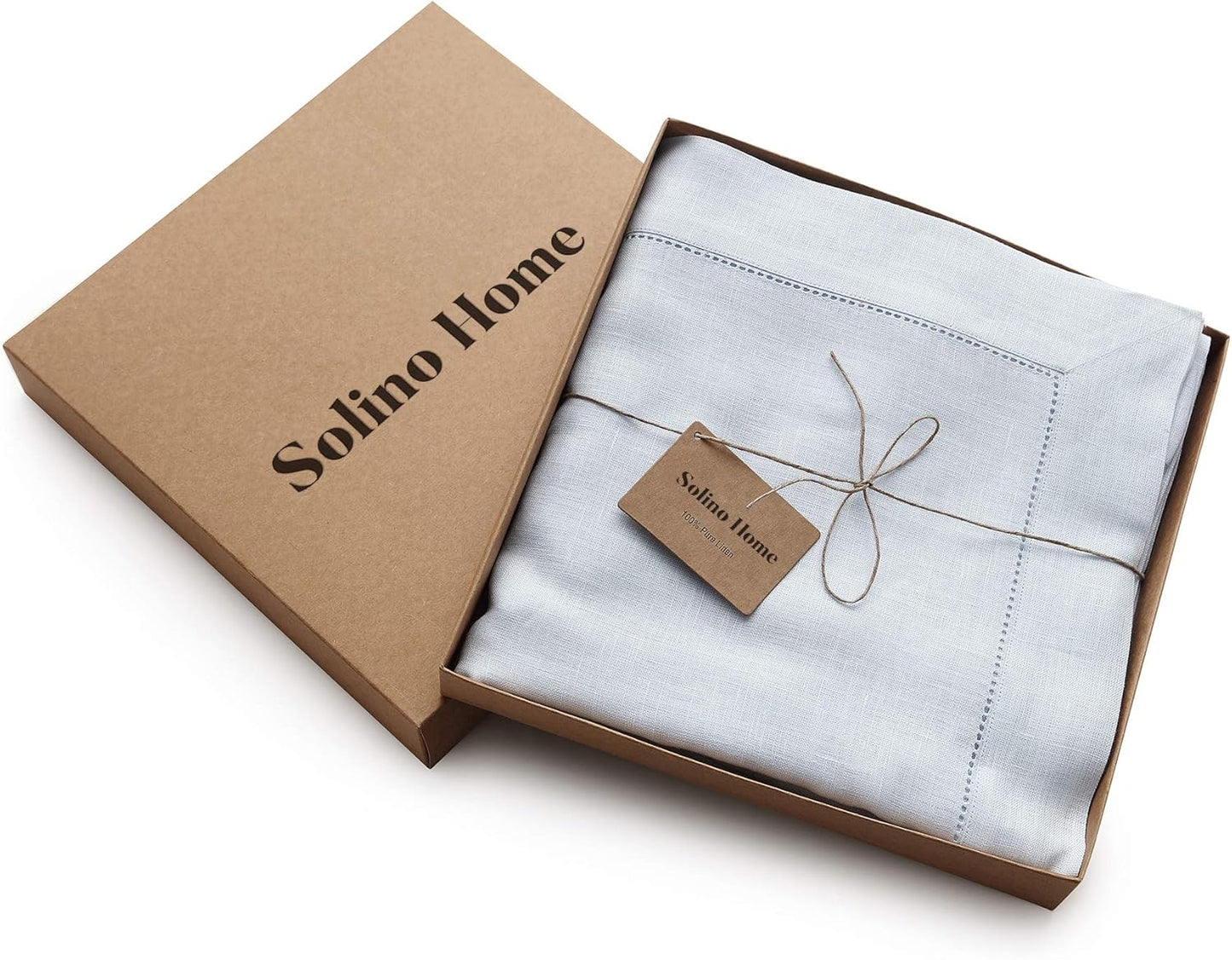 Solino Home Light Blue Linen Tablecloth 60 x 120 Inch - 100% Pure Linen Hemstitch Table Cloth for Rectangle Tables - Classic Hemstitch, Machine Washable Tablecloth for Christmas